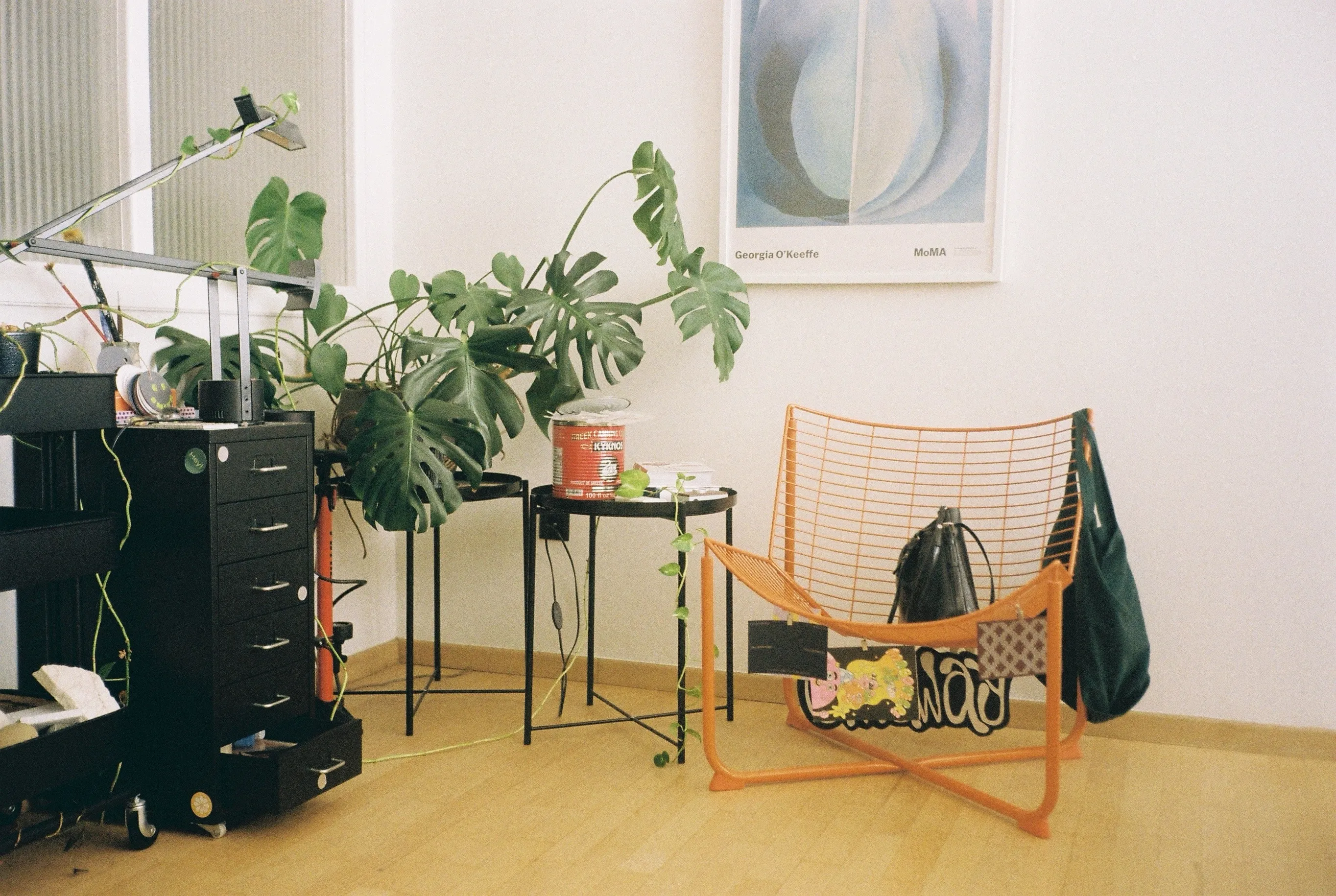 Studio corner with a black drawer unit, a large monstera, a framed art poster and an orange wire lounge chair with bags hanging on it