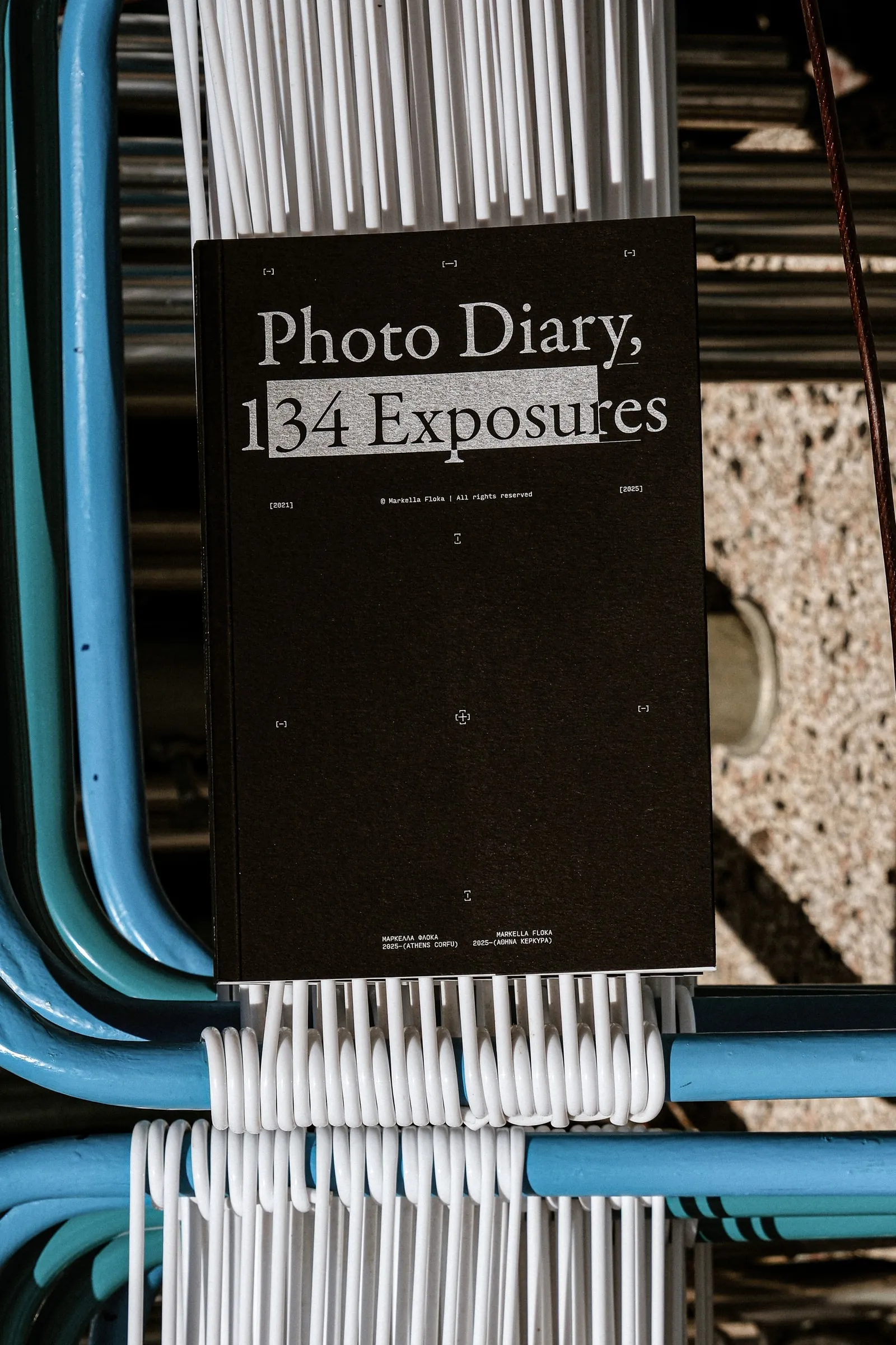 The black Photo Diary, 134 Exposures cover propped on a blue and white cord chair