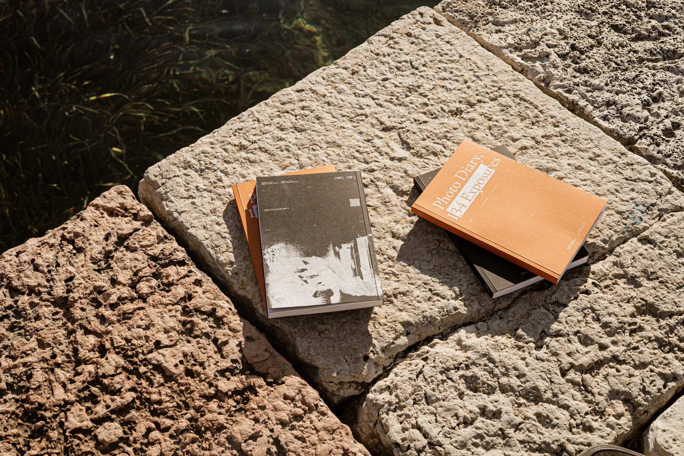 A black and an orange copy of the book lying on weathered stone slabs