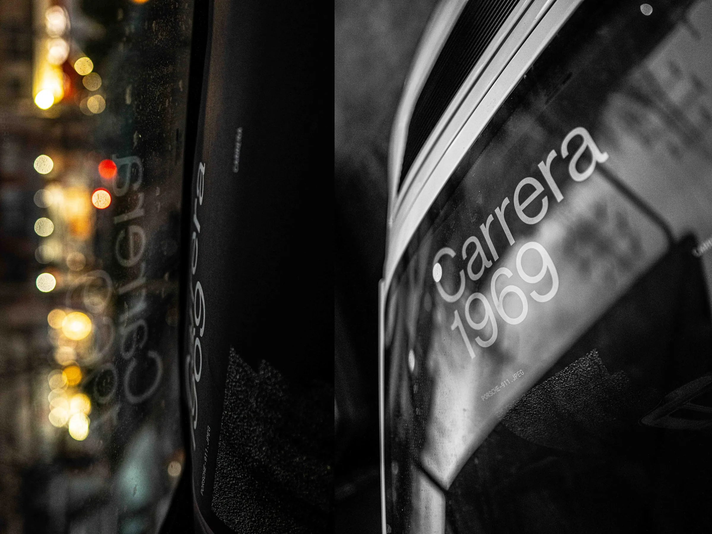 Close-up of the black Carrera 1969 poster against blurred city lights