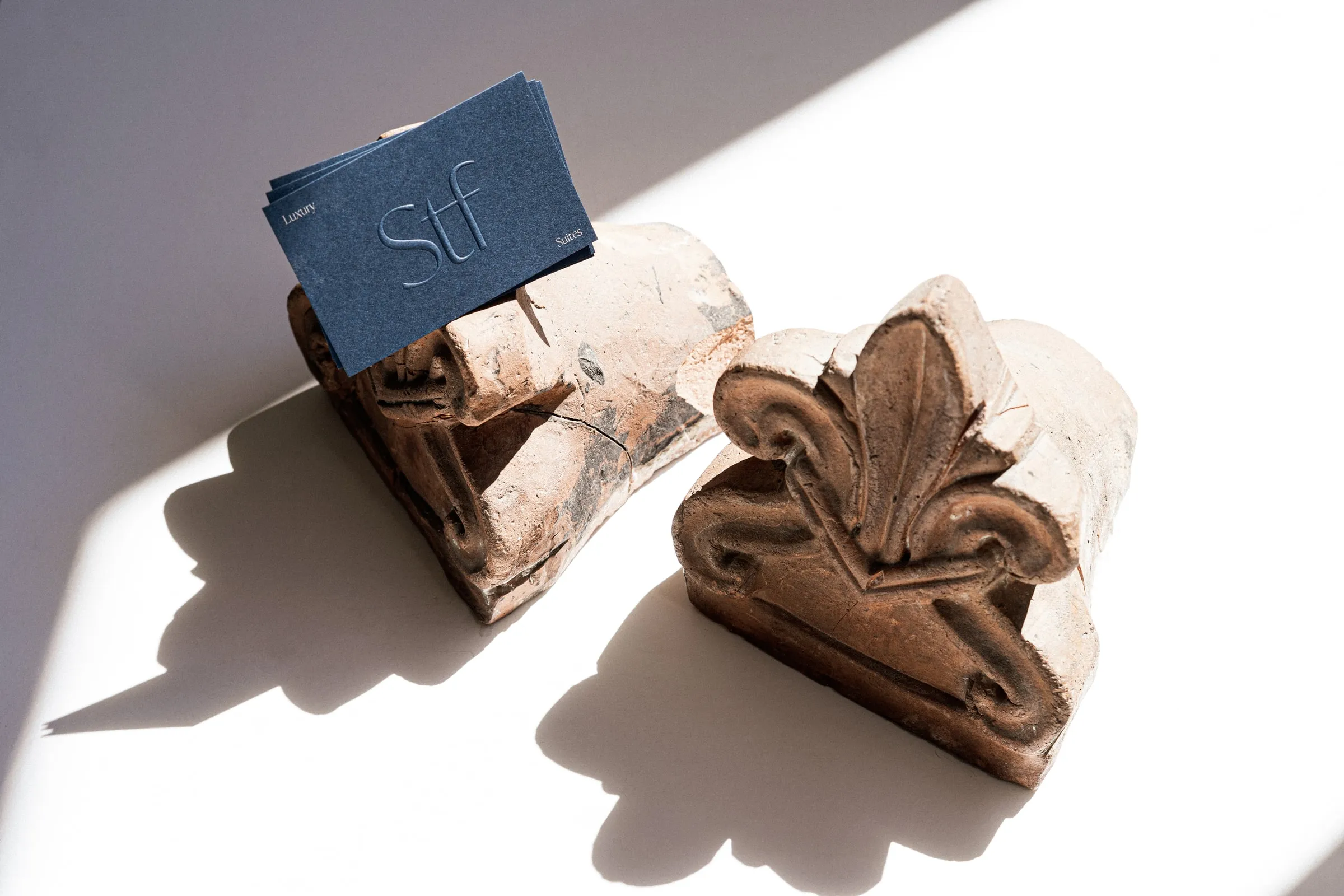 Navy STF business cards propped against a terracotta architectural ornament in strong sunlight