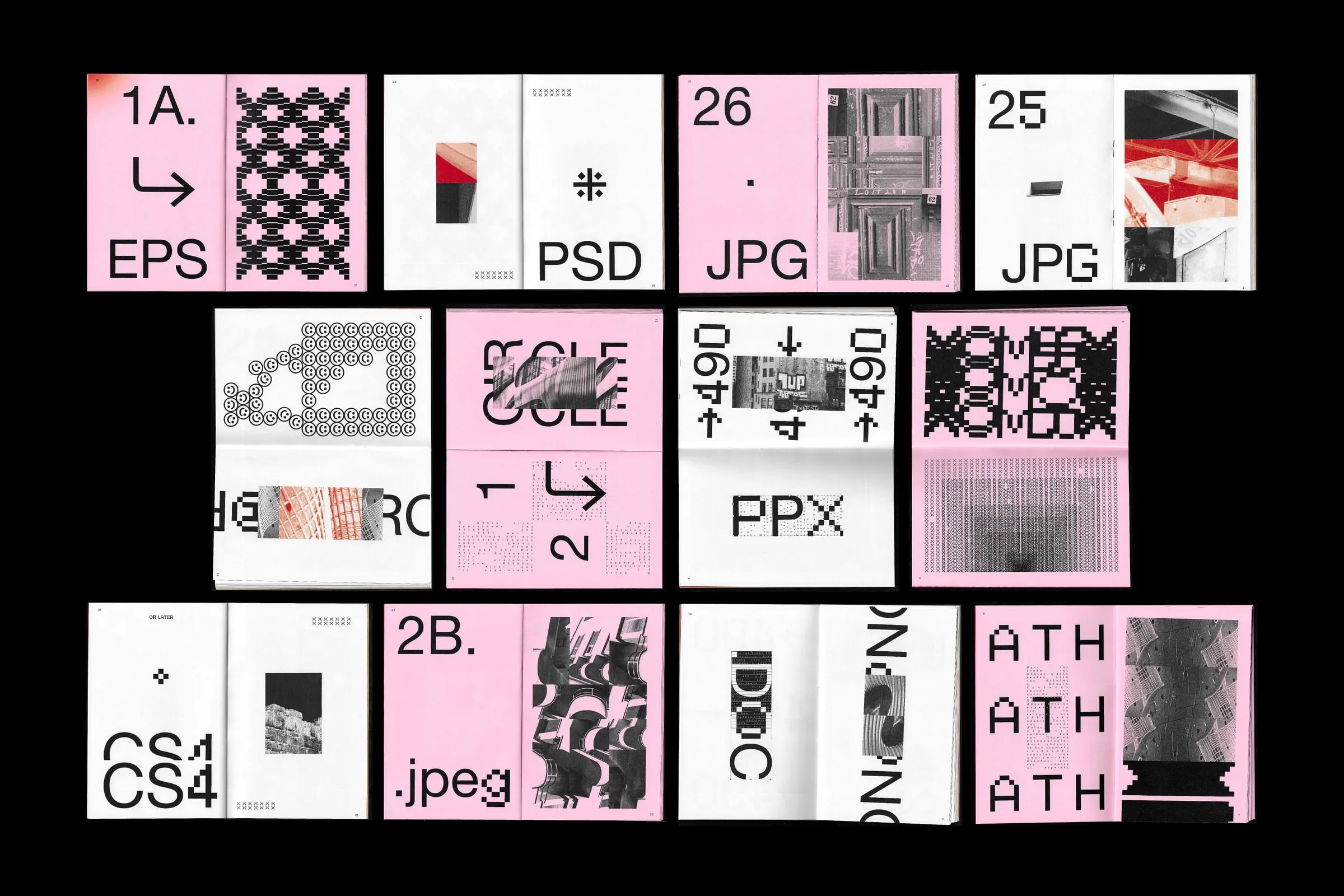 Grid of pink and white zine pages with large file-type labels such as EPS, PSD and JPG, on black