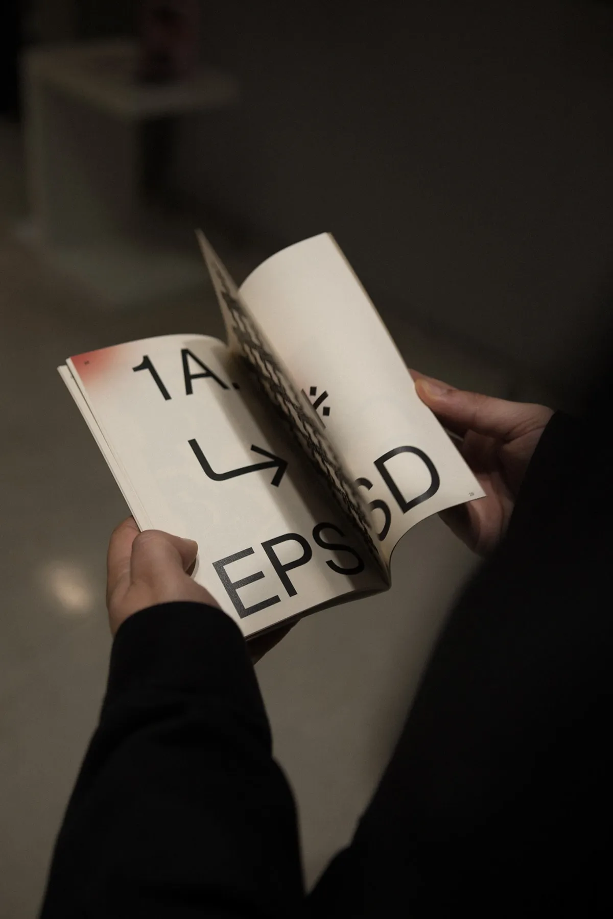 Hands holding the zine open at a page reading 1A → EPS