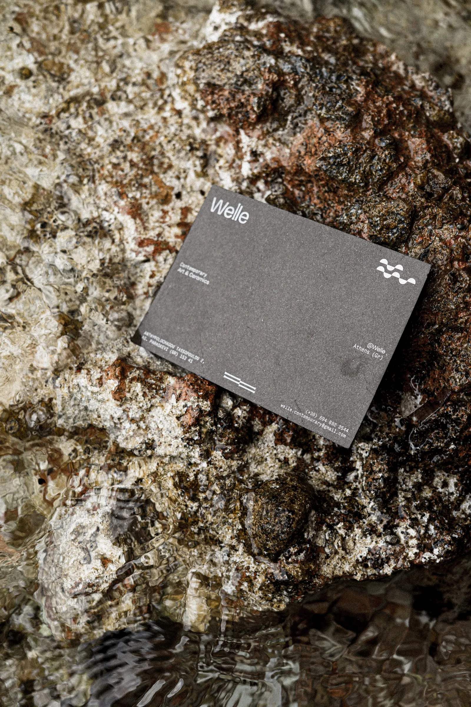 A Welle business card lying on a wet, rust-coloured rock